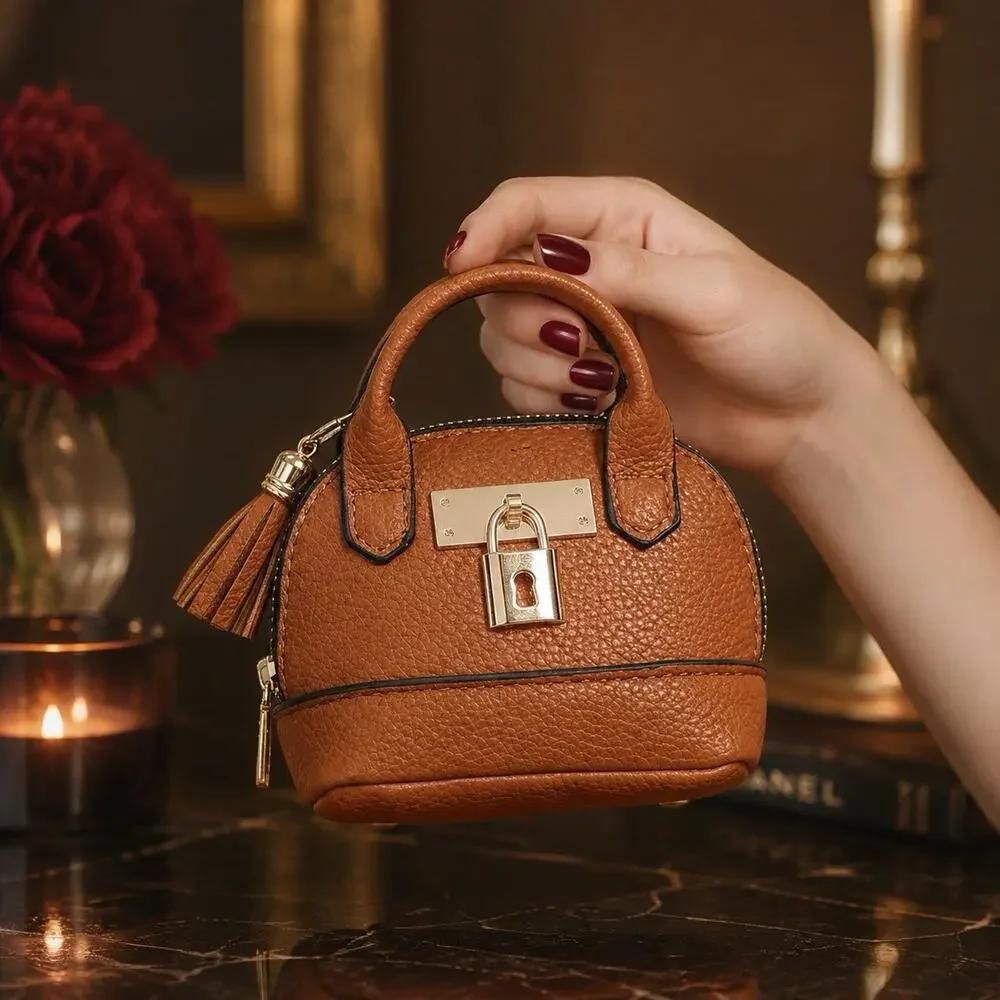 Leather Padlock Mini Bag Cognac Charm Coin Pouch Key Holder Keychain Paddington
